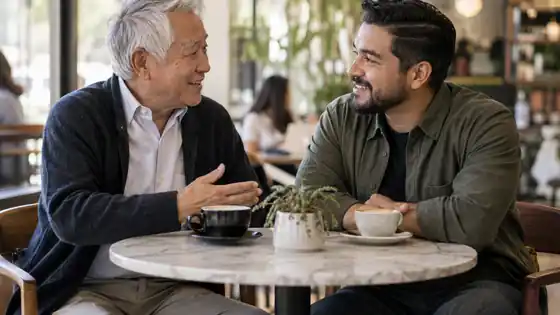 Older Asian man and younger Hispanic man enjoying coffee and conversation together in a modern cafe
