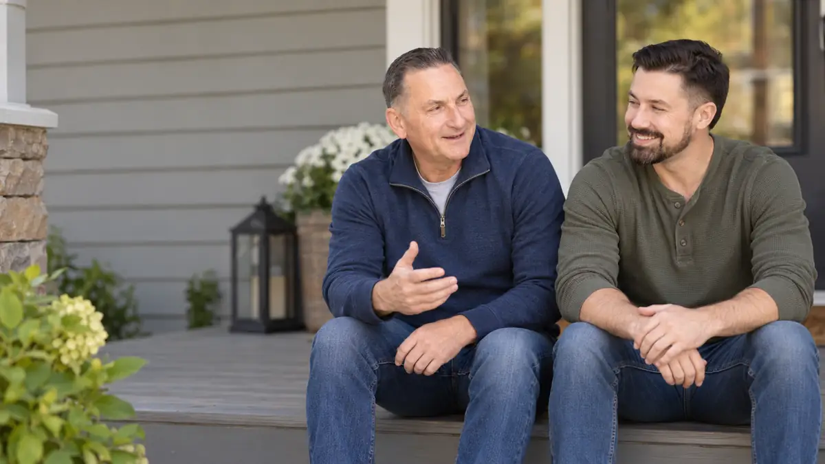 An older father and adult son talking together on a front porch