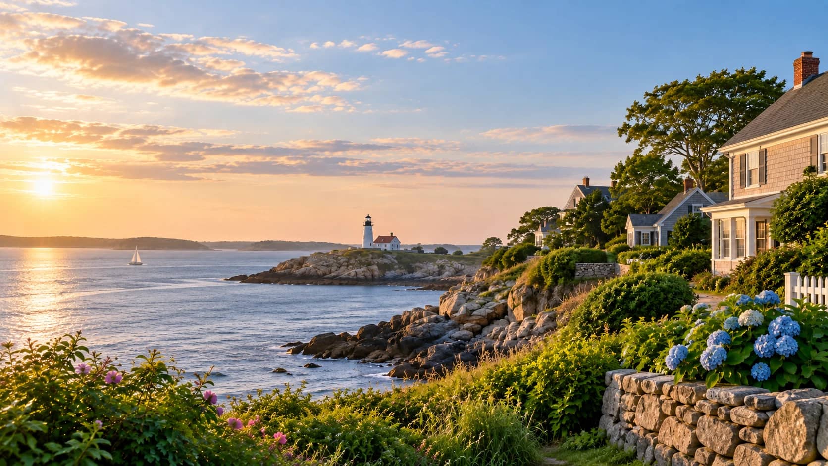 New England coastal neighborhood with rocky shoreline, hydrangeas, traditional homes, and a lighthouse