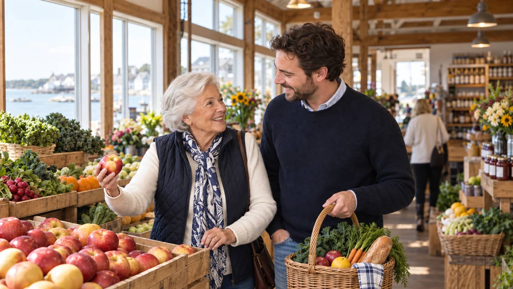 Older woman choosing an apple while a male companion holds their shopping basket at a neighborhood market